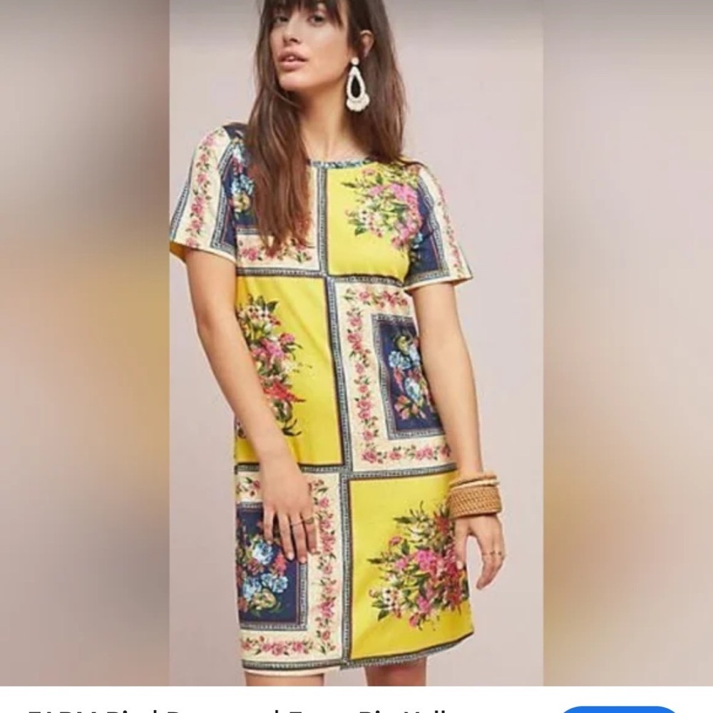 Farm Rio Anthropologie Regal Yellow Tropical Floral Shift Dress XS